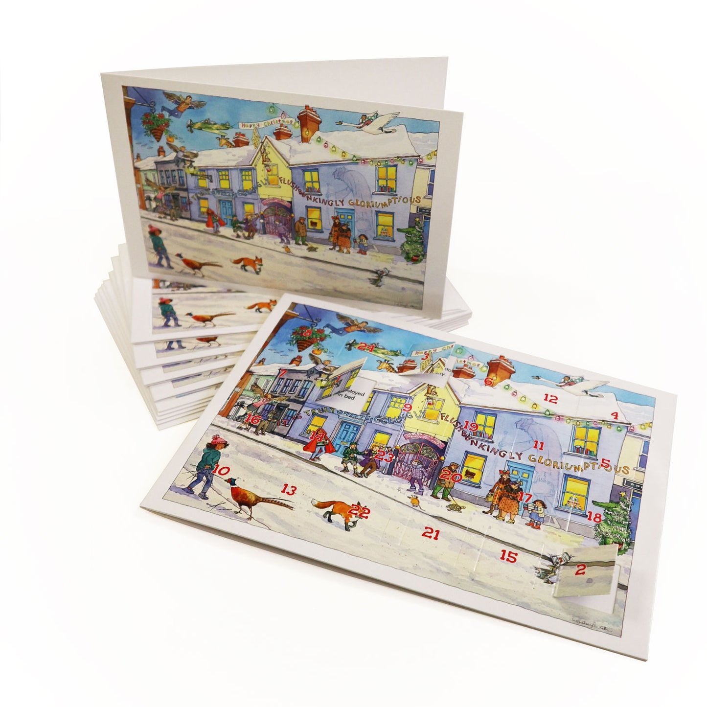 Christmas advent calendar with illustration of the Roald Dahl Museum and Story Centre winter scene. Also featuring a christmas card with the same illustration