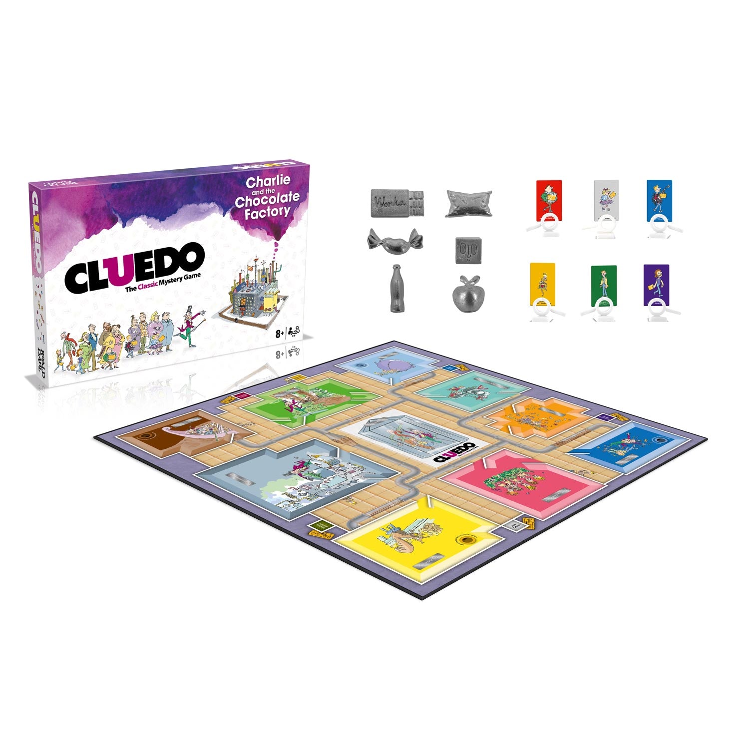 Cluedo board game based on  Charlie and the Chocolate Factory by Roald Dahl and featuring Quentin Blake's illustrations- showing board, character cards and game pieces