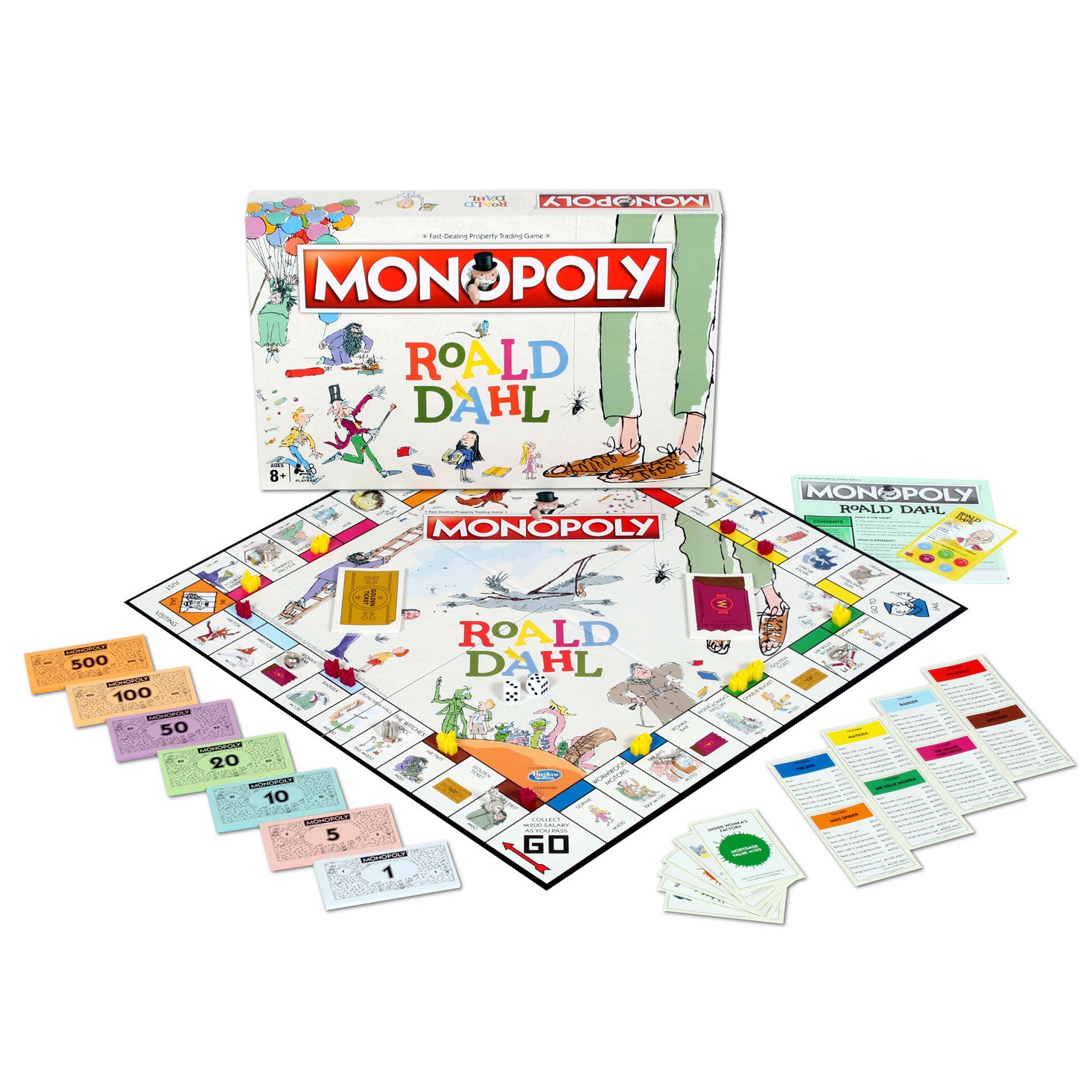 Monopoly board game based on characters by Roald Dahl and featuring Quentin Blake's illustrations- board, money and cards showing