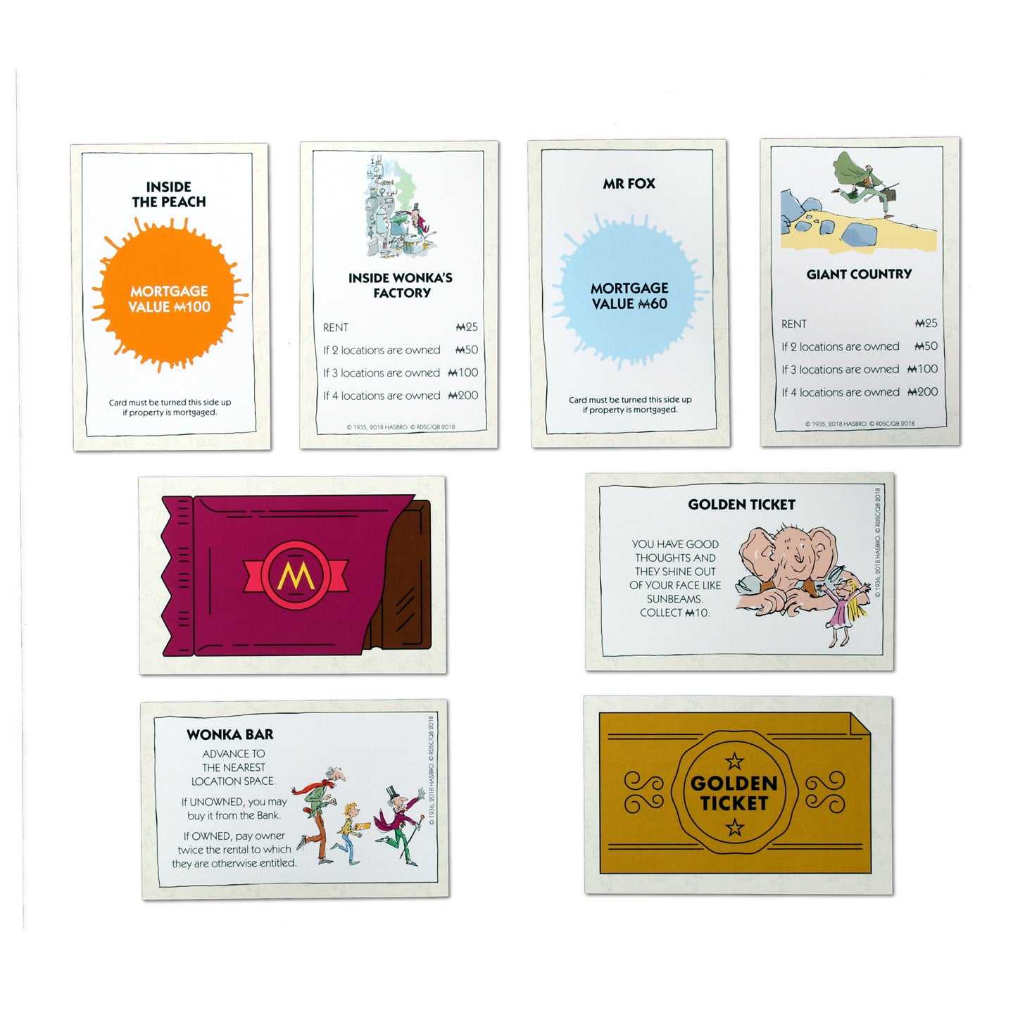 Monopoly board game based on characters by Roald Dahl and featuring Quentin Blake's illustrations- game cards